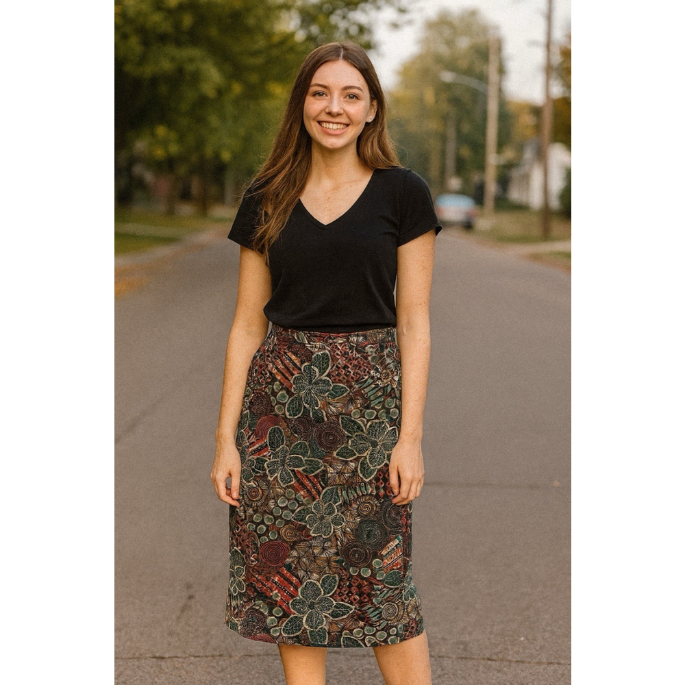VTG Niki Lee California Denim Maxi Skirt Tribal Abstract Art Print USA 30 X 35